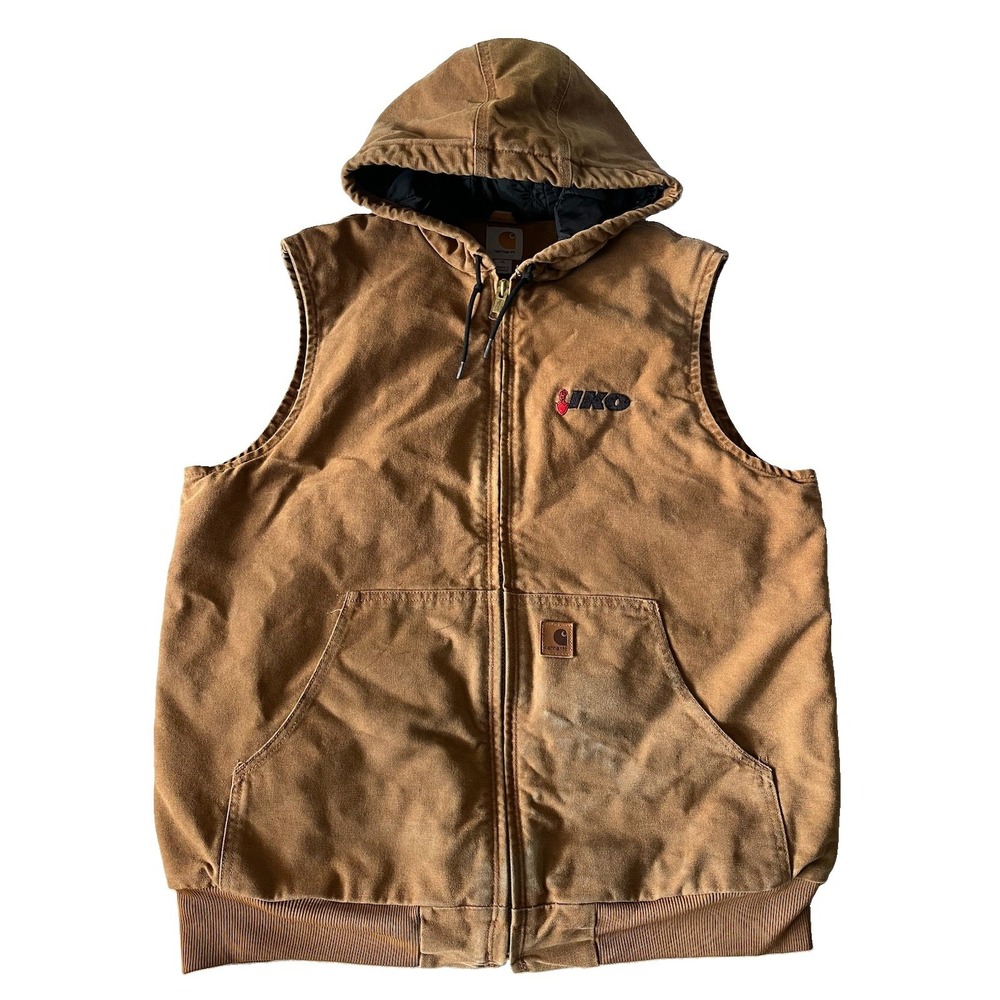 Carhartt XL duck canvas Hooded Vest quilted lined Brown Color Work Utility